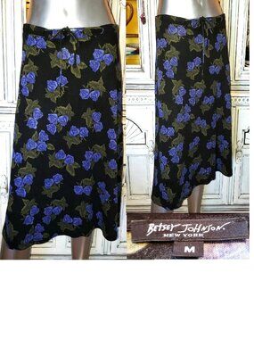 Betsey Johnson Dress Skirt Vintage New York 90s Black Rose Floral Wool Angora M